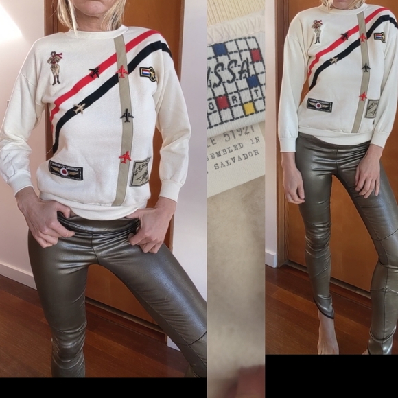 Vintage 80s aviator girl fighter pilot plane gucci stripe sweatshirt top xs/s - Picture 2 of 5